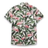 Flamingo under Hawaiian style printed shirt